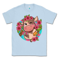 Dusty Blue cute cow pink flowers and leopard pattern Classic Tee - NancyCooperArtShop