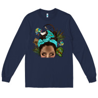 Navy Lake Camping Afro Messy Bun Bbs Long Sleeve Tee - BundleAndBundleShop