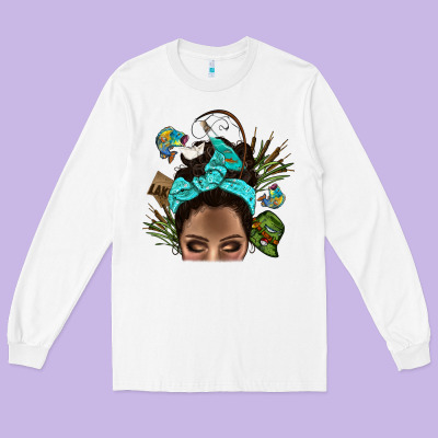 Lake Camping Afro Messy Bun Bbs Long Sleeve Tee Designed By Bundleandbundleshop
