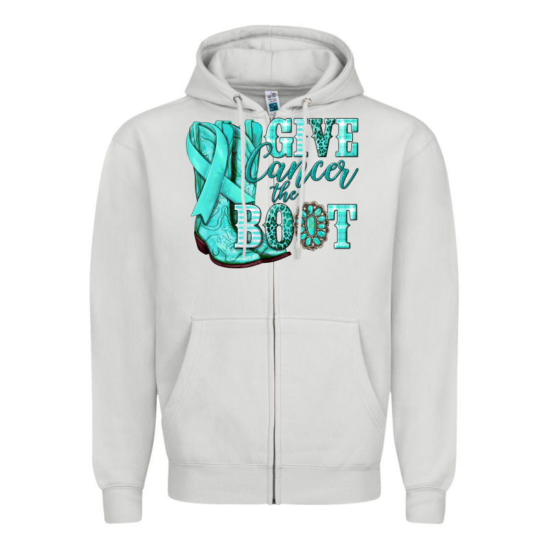 Give Cancer The Boot Ovarian Cancer Teal Ribbon Zipper Hoodie by NancyCooperArtShop | Teevron
