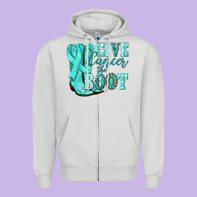 Give Cancer The Boot Ovarian Cancer Teal Ribbon Zipper Hoodie Designed By Nancycooperartshop