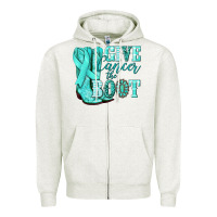 Oatmeal Heather Give Cancer the boot Ovarian Cancer teal ribbon Zipper Hoodie - NancyCooperArtShop
