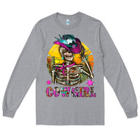 Heather Grey Cowgirl Skeleton With Landscape Long Sleeve Tee - BundleAndBundleShop