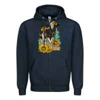 Navy Sunflowers Cow Zipper Hoodie - texasbilliewilder