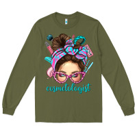 Army Green Messy Bun Cosmetologist Bbs Long Sleeve Tee - BundleAndBundleShop