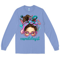 Colony Blue Messy Bun Cosmetologist Bbs Long Sleeve Tee - BundleAndBundleShop