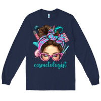 Navy Messy Bun Cosmetologist Bbs Long Sleeve Tee - BundleAndBundleShop