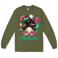 Army Green Esthetician Messy Bun With Pink Leopard Glasses Bbs Long Sleeve Tee - BundleAndBundleShop