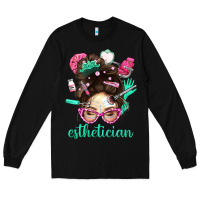 Black Esthetician Messy Bun With Pink Leopard Glasses Bbs Long Sleeve Tee - BundleAndBundleShop