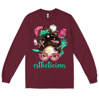 Burgundy Esthetician Messy Bun With Pink Leopard Glasses Bbs Long Sleeve Tee - BundleAndBundleShop