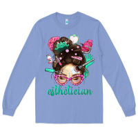 Colony Blue Esthetician Messy Bun With Pink Leopard Glasses Bbs Long Sleeve Tee - BundleAndBundleShop