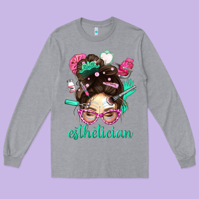 Esthetician Messy Bun With Pink Leopard Glasses Bbs Long Sleeve Tee Designed By Bundleandbundleshop