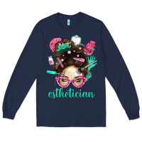Navy Esthetician Messy Bun With Pink Leopard Glasses Bbs Long Sleeve Tee - BundleAndBundleShop