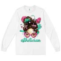 White Esthetician Messy Bun With Pink Leopard Glasses Bbs Long Sleeve Tee - BundleAndBundleShop