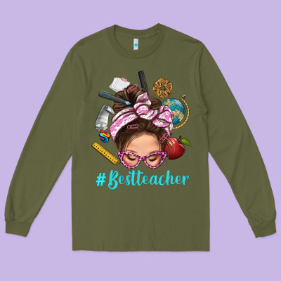 Best Teacher Messy Bun Bbs Long Sleeve Tee Designed By Bundleandbundleshop