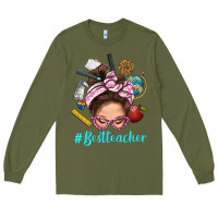Army Green Best Teacher Messy Bun Bbs Long Sleeve Tee - BundleAndBundleShop