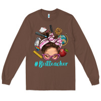 Chestnut Best Teacher Messy Bun Bbs Long Sleeve Tee - BundleAndBundleShop