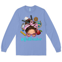 Colony Blue Best Teacher Messy Bun Bbs Long Sleeve Tee - BundleAndBundleShop
