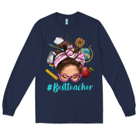 Navy Best Teacher Messy Bun Bbs Long Sleeve Tee - BundleAndBundleShop