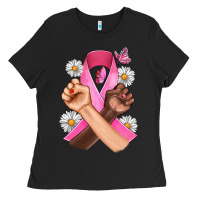 Black Breast Cancer Fist Daisy Butterfly Ladies Tee - Artiststas