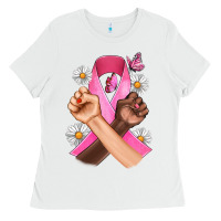 White Breast Cancer Fist Daisy Butterfly Ladies Tee - Artiststas