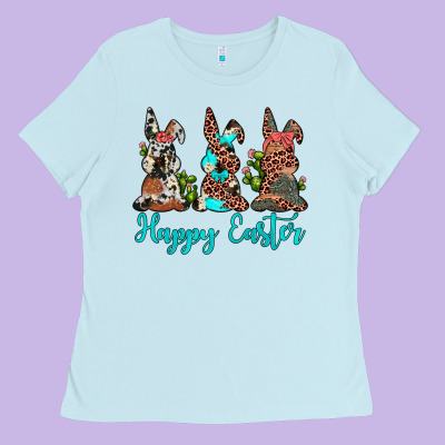 Happy Easter Leopard Cowhide Turquoise Cactus Bunny's Ladies Tee Designed By Jahusdesignshop
