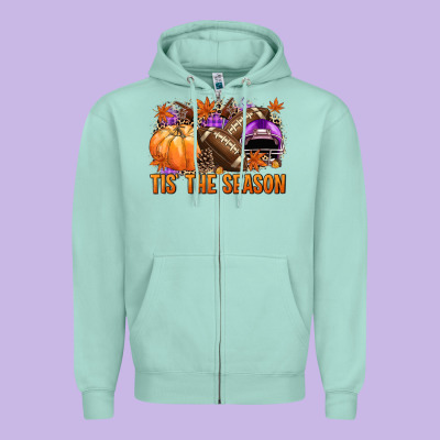 Tis' The Season Football Purple Helmet Zipper Hoodie Designed By Nancycooperartshop