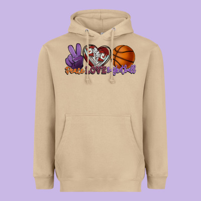Peace Love Basketball Heavyweight Hoodie Designed By Howdyjamesfarm
