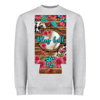 Heather Grey Play Ball Baseball With Pink Flowers 12 Oz Slim Can Cooler Heavyweight Sweatshirt - BundleAndBundleShop