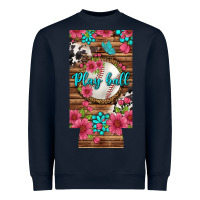 Navy Play Ball Baseball With Pink Flowers 12 Oz Slim Can Cooler Heavyweight Sweatshirt - BundleAndBundleShop