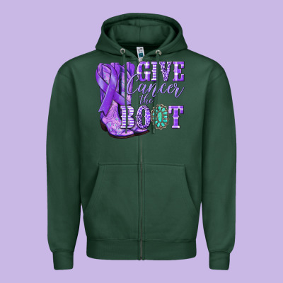 Give Cancer The Boot Purple Ribbon Zipper Hoodie Designed By Nancycooperartshop