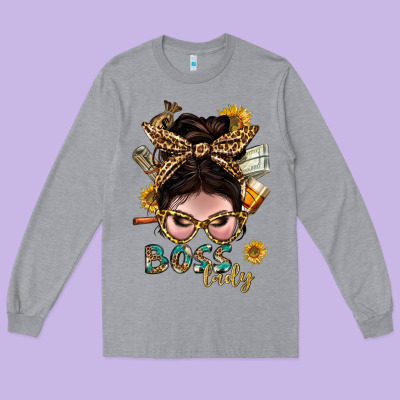 Western Messy Bun Boss Lady With Money Long Sleeve Tee Designed By Bundleandbundleshop