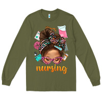 Army Green Messy Bun Nursing With Leopard Glasses Bbs Long Sleeve Tee - BundleAndBundleShop
