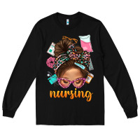 Black Messy Bun Nursing With Leopard Glasses Bbs Long Sleeve Tee - BundleAndBundleShop