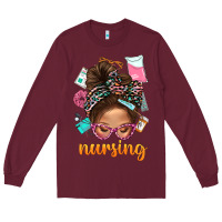Burgundy Messy Bun Nursing With Leopard Glasses Bbs Long Sleeve Tee - BundleAndBundleShop