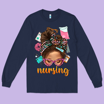 Messy Bun Nursing With Leopard Glasses Bbs Long Sleeve Tee Designed By Bundleandbundleshop