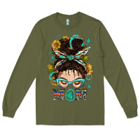 Army Green Western Messy Bun Mom With Sunflower Long Sleeve Tee - BundleAndBundleShop