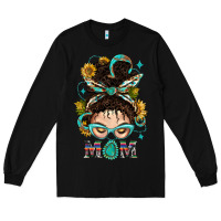 Black Western Messy Bun Mom With Sunflower Long Sleeve Tee - BundleAndBundleShop