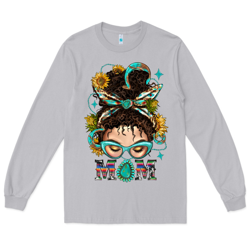 Western Messy Bun Mom With Sunflower Long Sleeve Tee by BundleAndBundleShop | Teevron