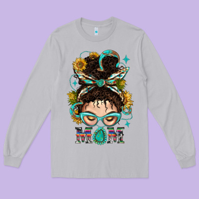 Western Messy Bun Mom With Sunflower Long Sleeve Tee Designed By Bundleandbundleshop