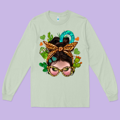 Western  Messy Bun With Cactus Long Sleeve Tee Designed By Bundleandbundleshop