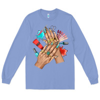 Colony Blue Western Nail Art With Nail Material Bbs Long Sleeve Tee - BundleAndBundleShop