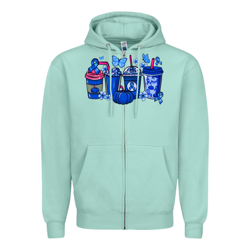 Colon Cancer Coffee Cups Blue Ribbon Zipper Hoodie by NancyCooperArtShop | Teevron