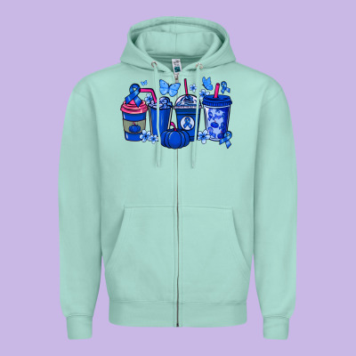 Colon Cancer Coffee Cups Blue Ribbon Zipper Hoodie Designed By Nancycooperartshop
