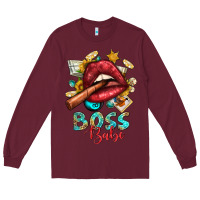 Burgundy Western Boss Babe Cigar Lip Long Sleeve Tee - BundleAndBundleShop