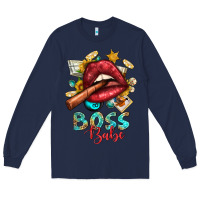 Navy Western Boss Babe Cigar Lip Long Sleeve Tee - BundleAndBundleShop