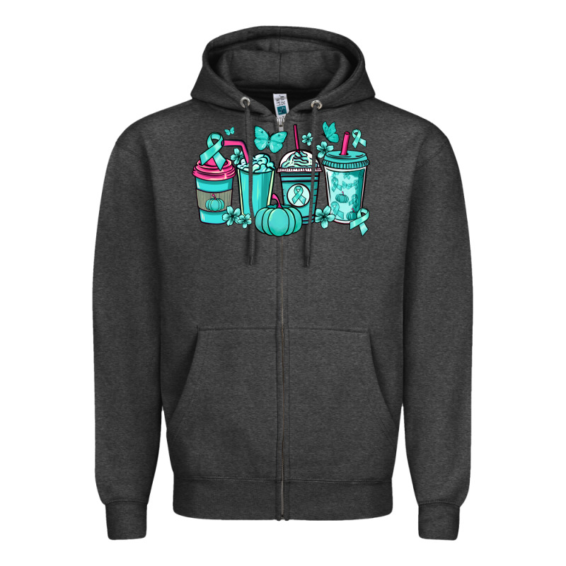 Ovarian Cancer Coffee Cups Teal Ribbon Zipper Hoodie by NancyCooperArtShop | Teevron