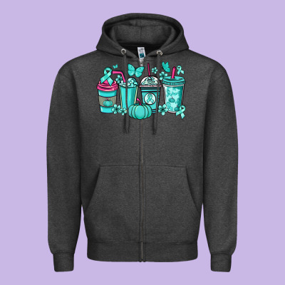 Ovarian Cancer Coffee Cups Teal Ribbon Zipper Hoodie Designed By Nancycooperartshop