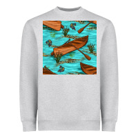 Heather Grey Lake Canoe And Fish With Reeds And Leopard Seamless Pattern Bbs Heavyweight Sweatshirt - BundleAndBundleShop