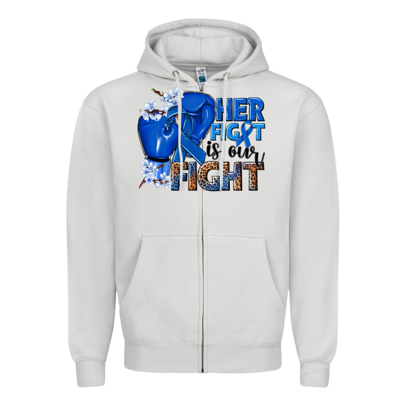 Her Fight Is Our Fight Colon Cancer Blue Ribbon Zipper Hoodie by NancyCooperArtShop | Teevron
